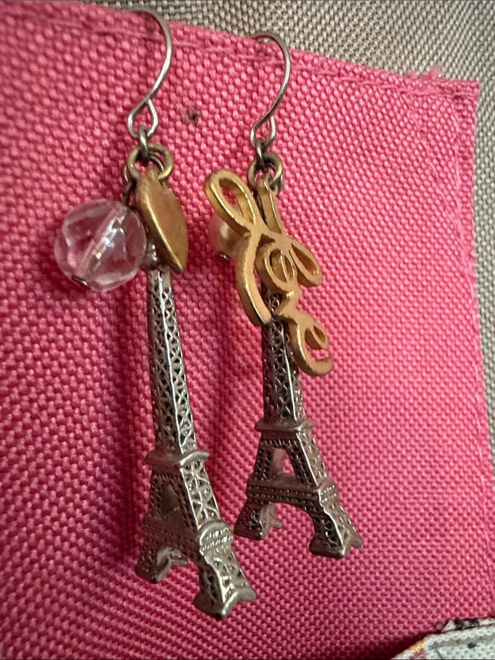 Eiffel Tower Dangle Earrings with Pink Crystal and Gold 'Love' Accent